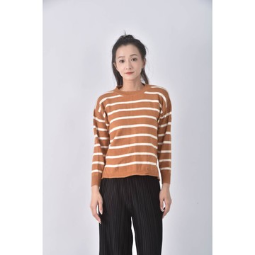 (S) 條紋圓領橘色長袖上衣二手衣