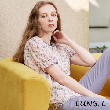LUNG.L林佳樺 米色小碎花波邊雪紗A-line短袖女裝上衣LP24A