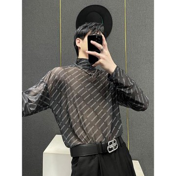 美式復古高領t恤男夏季小眾字母印花透氣內搭男高級感冰絲打底衫