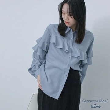 Samansa Mos2 blue  立體層次感斜邊荷葉造型翻領襯衫