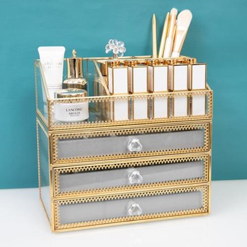 輕奢玻璃化妝品收納盒梳妝臺桌面口紅收納架子耳環耳釘首飾盒防塵