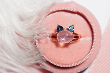 真正的玫瑰石英和倫敦黃玉戒指，貓設計，銀