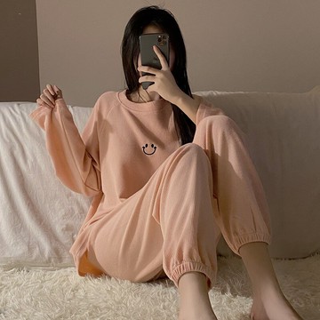 韓國秋冬ins睡衣女純棉甜美少女純色簡約網紅長袖寬松大碼家居服