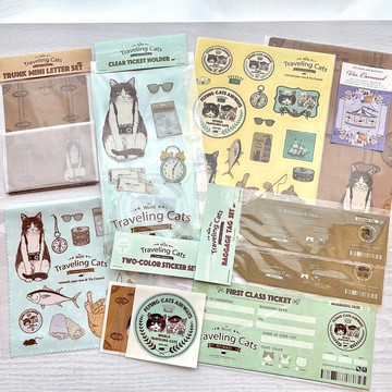 貓咪環遊世界組合包 1：票券夾・擦拭布・便條紙・卡片・貼紙・貼紙・信紙組・禮品吊牌