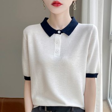 [米蘭精品] 現貨+預購 針織衫短袖毛衣-拼色領POLO衫天絲女上衣5色74lc37