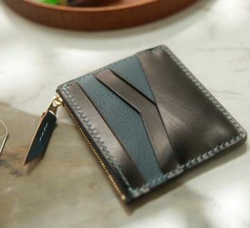 皮革 diy 材料包/完成品 v 型卡位帶拉鏈零錢袋卡套 散銀包 免費刻字