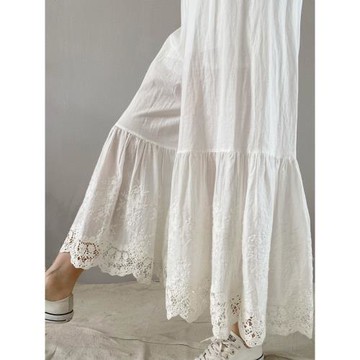 日系文藝森女甜美松緊腰百搭褲裙寬松花邊闊腿褲四季純色打底褲