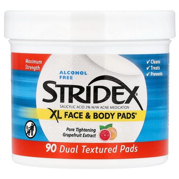 Stridex, XL 面部和身體棉片™，無乙醇，90 片雙效棉片