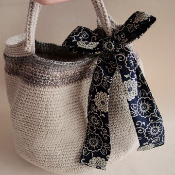 毛質配色編織包 駝色毛線 蝴蝶結綁帶 手提包