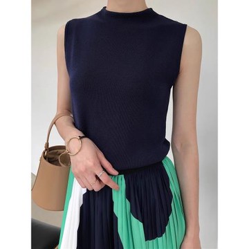 深藏青色修身顯瘦正肩半高領冰絲針織無袖背心女夏內搭打底衫上衣