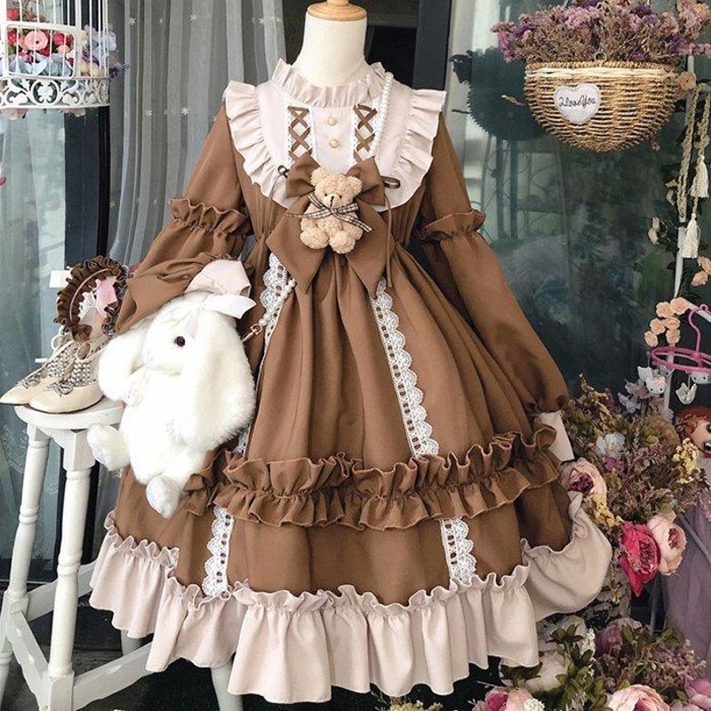 春秋ワンピース ロリータ ブラウン ブルー lolita レディース 可愛い