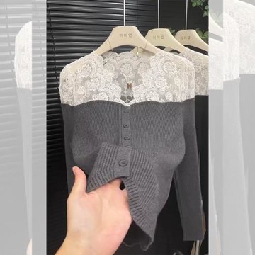 法式灰色蕾絲拼接開衫毛衣女秋冬內搭打底衫獨特超好看針織衫上衣