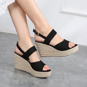 2025新款韓版坡跟涼鞋女夏季草編高跟厚底鞋松糕跟真皮魚嘴鞋百搭