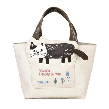 Kusuguru Japan 手拿包 前口袋立體貓尾巴寬口拉鍊托特包 -米白色