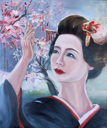 日本女人與櫻花 原畫 綻放大自然的溫柔風景 拉伸畫布上的原始油