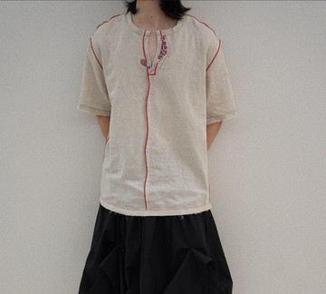 【生長】古典中性復古風/手工寬松棉麻短袖