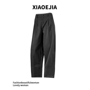 XIAOEJIA格雷系 腰頭拼接英倫格紋 高腰水洗棉闊腿直筒休閑褲女