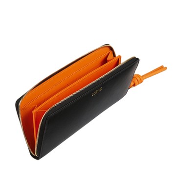 LOEWE 羅威 Knot Zip 繩結環繞式 拉鍊 卡夾 皮夾 長夾 黑色 亮橙色