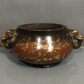 老件紫銅灑金宣德款高11.5*28*16.5公分5.9公斤吉祥如意香爐擺件