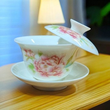【茶品名】🍵蓋碗 三才碗 二才碗 泡茶杯泥欣堂羊脂玉瓷中式德化牡丹花泡茶蓋碗三才功夫茶具家用白瓷
