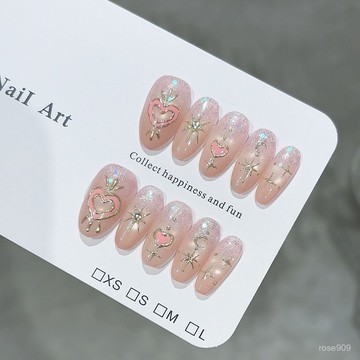 ✨Hannah✨純手工【甜星】鎏金手繪星月亮片漸變貓眼裸粉百搭通懃穿戴甲精緻穿戴甲 E0CD