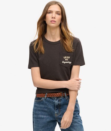 Superdry Women's Workwear Embroider Pocket T-shirt Black Size: 4