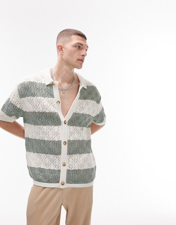 Topman knitted stripe crochet button through shirt in sage-Neutral