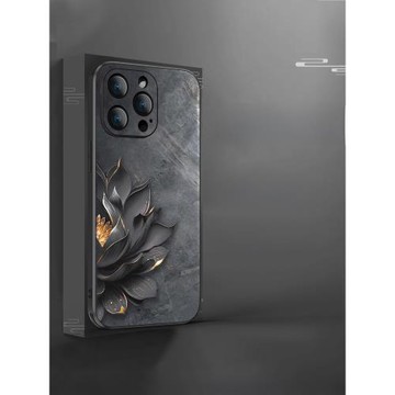 大理石紋半邊蓮花適用蘋果15promax手機殼新款iphone15時尚奢華15plus鏡頭全包14pro女款情侶13磨砂高級感12