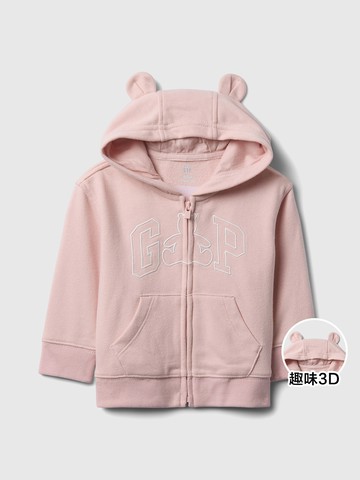 嬰兒裝 Logo小熊刺繡熊耳造型連帽外套-淡粉色