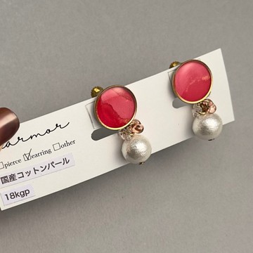 【現貨一件】粉色 酒精墨水藝術 圓形耳環 18KGP 國產棉珍珠 優雅 休閒 約會 出遊 金色