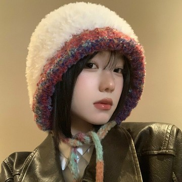 2024年新款秋冬季手工毛絨針織帽子女大頭圍加厚保暖顯臉小毛線帽