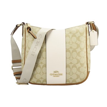 COACH新款大C直條紋皮革、PVC肩背/斜背包(卡其白)