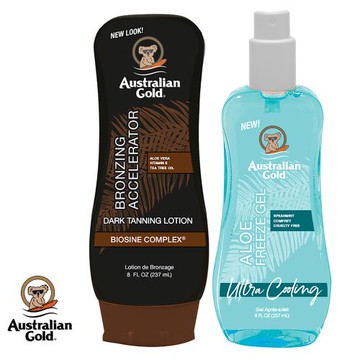 Australian Gold金色澳洲【助曬保養組】急速黝黑助曬乳液+沁涼蘆薈曬傷急救凝膠