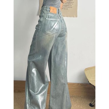 高個子加長美式復古高腰燙銀牛仔褲女秋季新款水洗做舊寬松闊腿褲