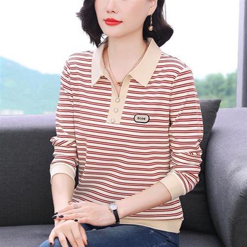 【巴黎精品】現貨+預購 高級長袖POLO衫寬鬆上衣針織衫簡約大碼休閒大尺碼女裝百搭媽媽裝-條紋款2色a1lq20