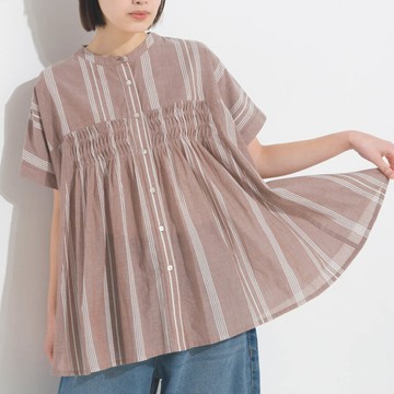 日本 OMNES - 100%印度棉 皺摺傘狀短袖襯衫-棕條紋
