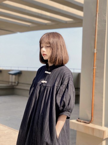 新中式 盤扣花邊 立領 泡泡袖洋裝 寬鬆 薄款