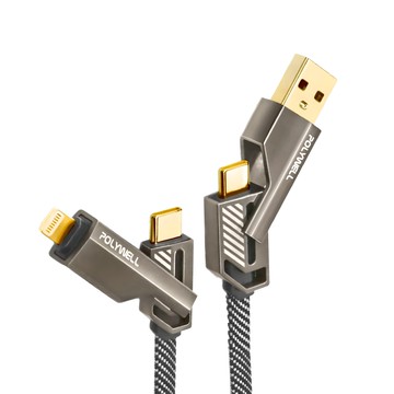 POLYWELL 寶利威爾 USB + C + Lightning 四合一機甲PD編織快充線 PW15-W45-A391  1m  1條