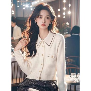 高級感名媛小香風白色毛衣外套女2024秋冬新款設計感針織開衫上衣