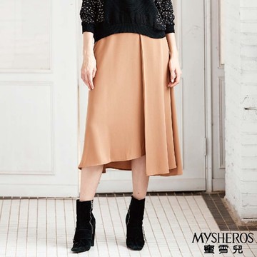 【MYSHEROS蜜雪兒】後拉鍊微彈性不對稱下擺飄逸長裙-梨/駝