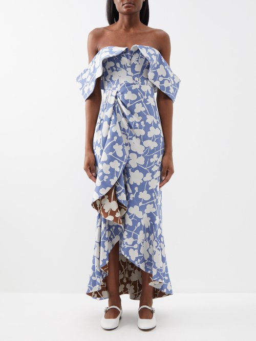 Rosie Assoulin - Ruffled Off-the-shoulder Jacquard Midi Dress - Womens - Blue