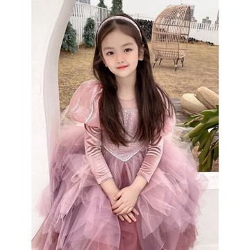 兒童人魚亮片網紗公主裙粉色蓬蓬裙女童法式生日連衣裙花苞禮服裙
