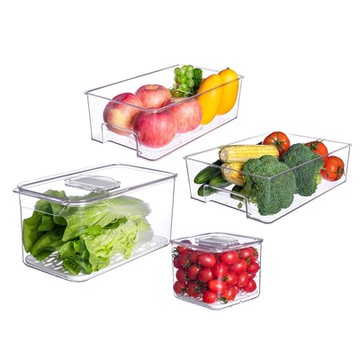 YOUFONE 廚房透明抽屜式冰箱收納盒/蔬果瀝水盒4件/組(M+L)