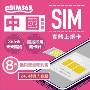 SIM卡｜eSIM｜網卡 【中國上網卡】8天 無限流量吃到飽免翻牆中國網卡SIM卡