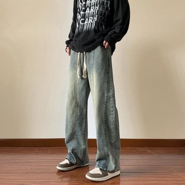 微喇牛仔褲男潮牌復古水洗做舊工裝褲美式高街褲子直筒寬松長褲秋