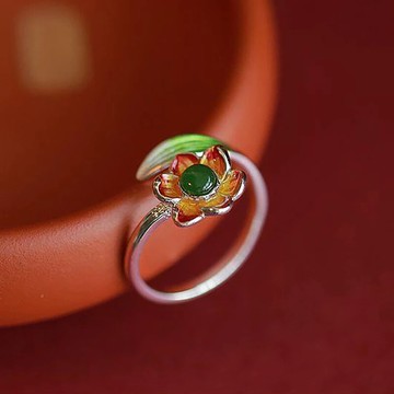 文藝氣質女必入{驚鴻}琺瑯彩漸變色S925純銀戒指綠碧玉甜美指環