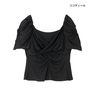 【ココディール】黑色日系法式交叉扭結抓褶設計感方領短袖上衣 O1Y21504