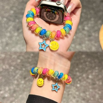 漸層 ins日韓風 Apple watch S10線圈錶帶 女生錶帶 s9 8 7 6 5 4 SE蘋果錶帶 電話繩錶帶