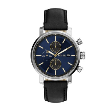 FOSSIL 搶眼定番都會三眼時尚腕錶-銀黑X藍