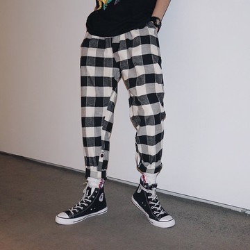 FINDSENSE H1 2018 夏季 新款 高端 經典黑白格子 男女休閒褲 情侶九分褲 休閒褲 潮 男褲子
